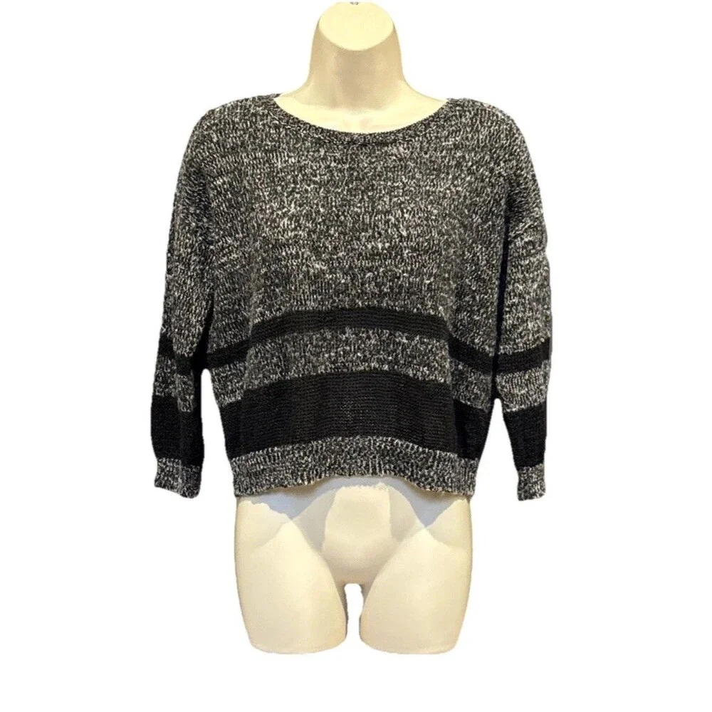 Alice + Olivia Women's M Gray Black Colorblock Linen Blend Open Knit Sweater